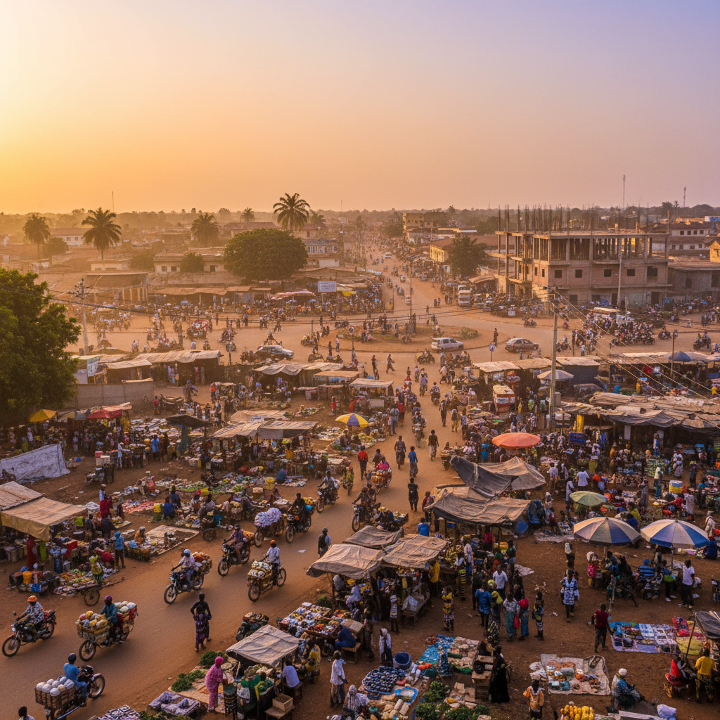 overview of Cotonou, Benin street life, horizontal
