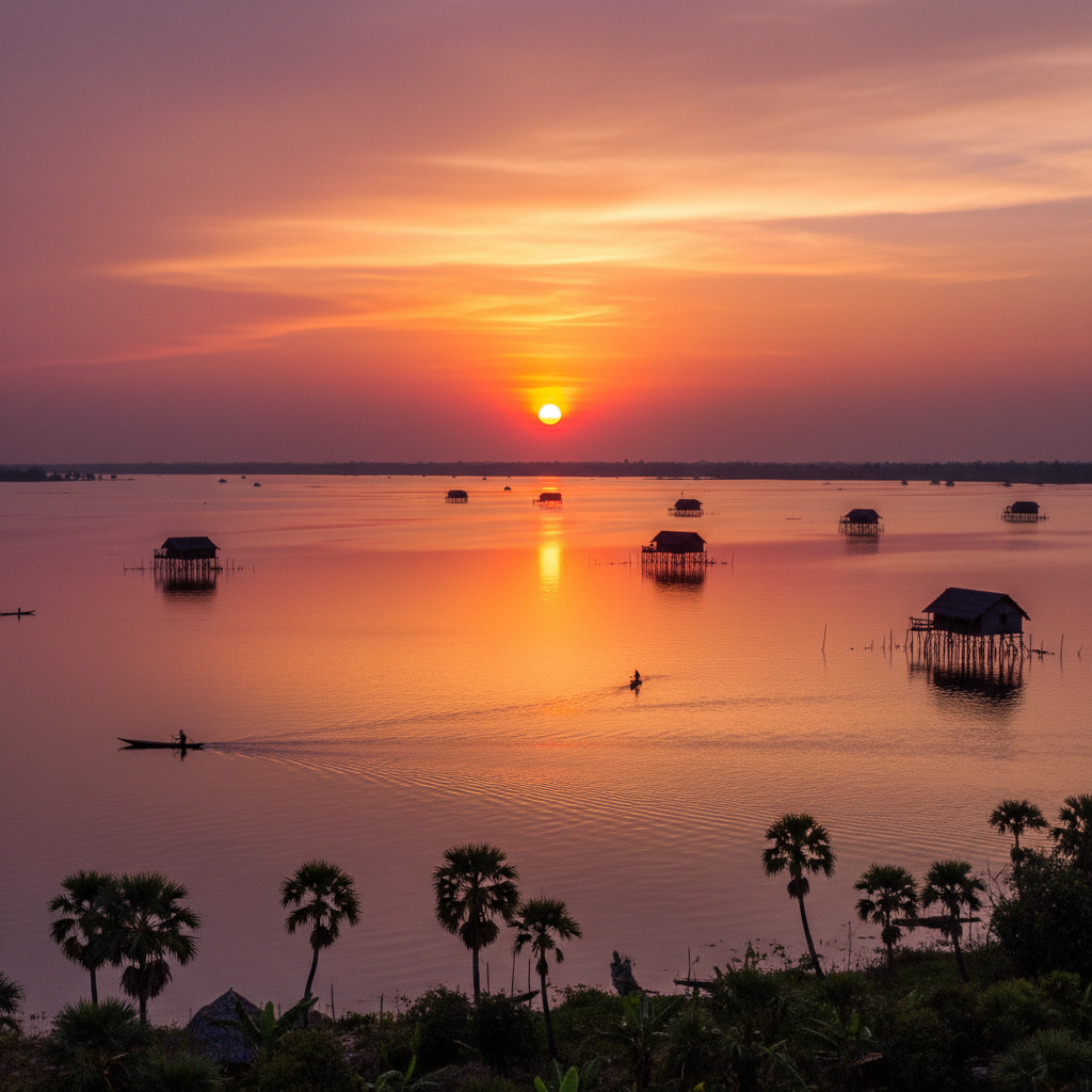 romantic sunset view over Lake Nokoué, Benin, horizontal