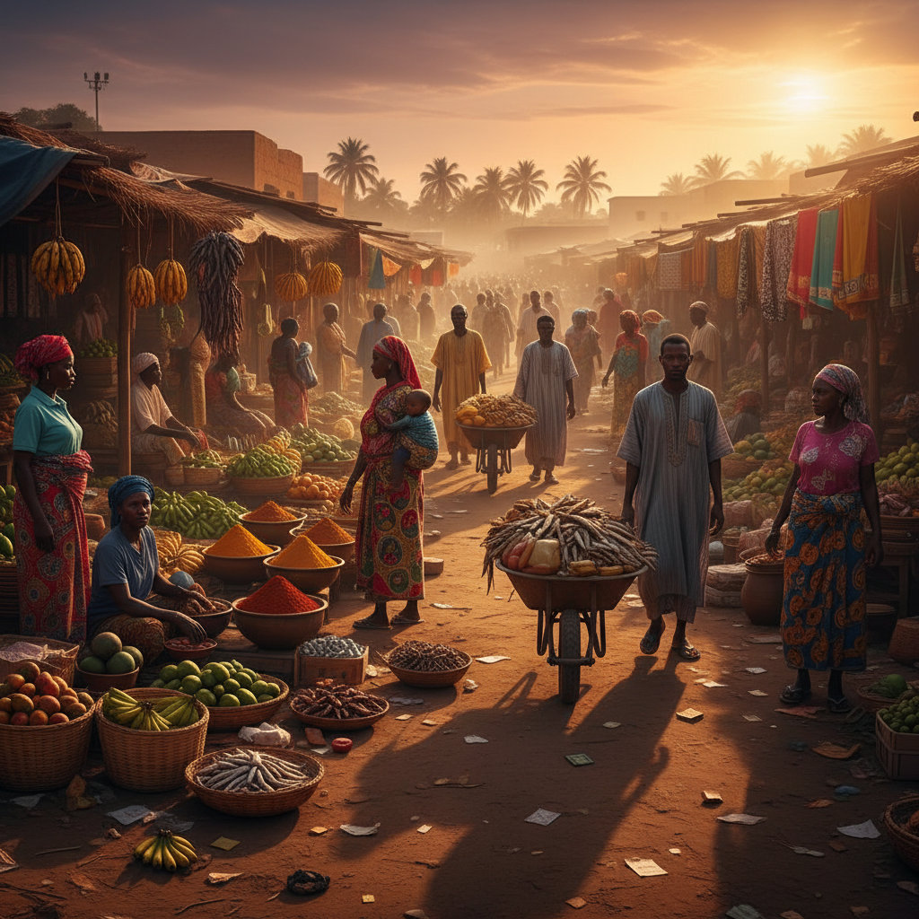 busy outdoor market scene in Benin, horizontal