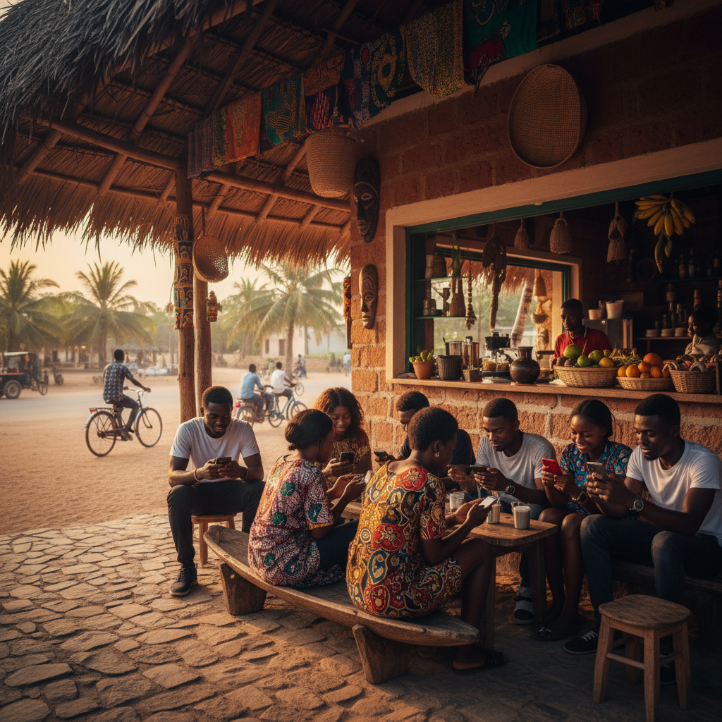 young adults using smartphones in a cafe in Benin, horizontal