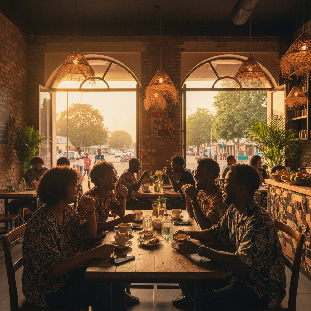 cafe interior with friends meeting in Benin, horizontal