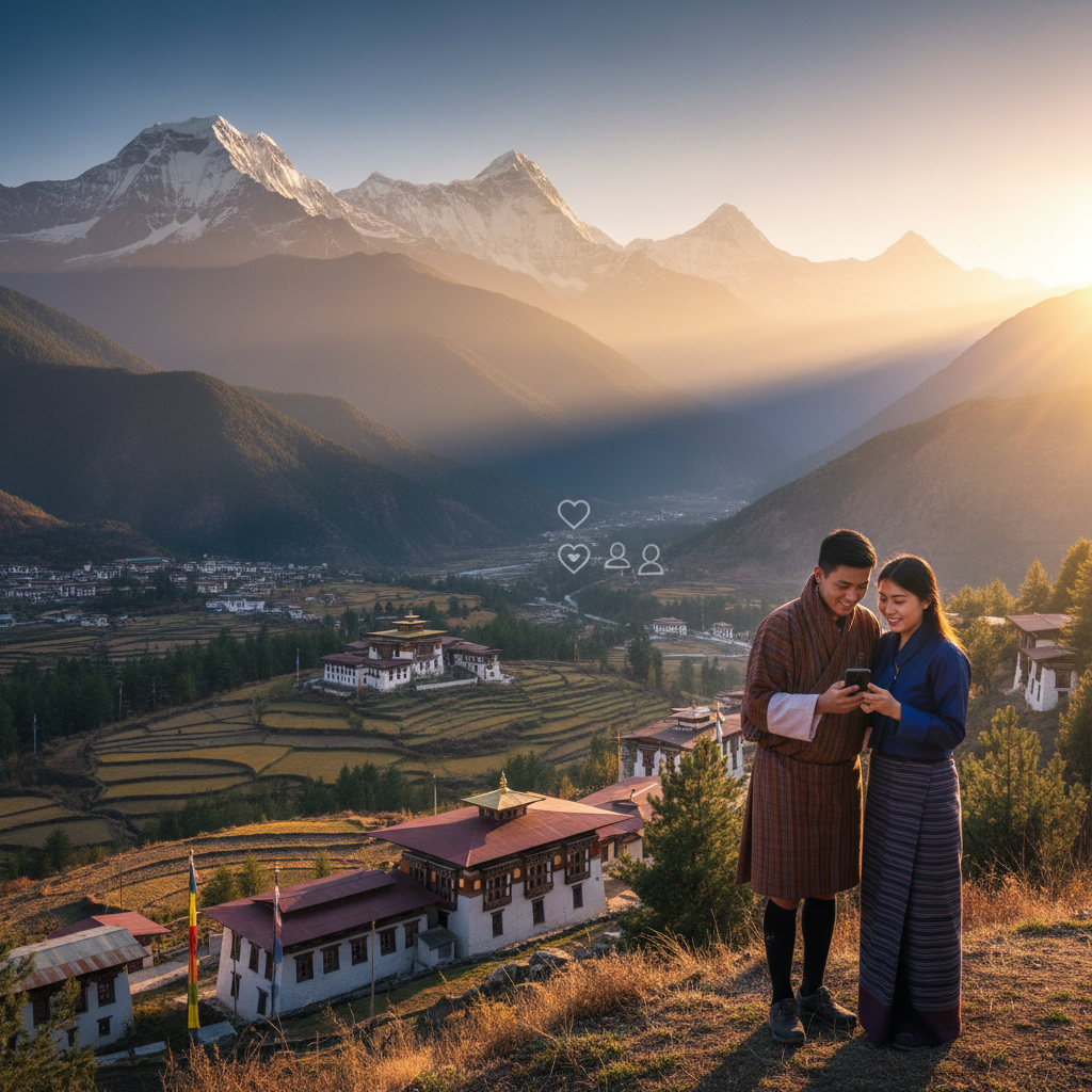 Bhutan couple using dating app on phone horizontal