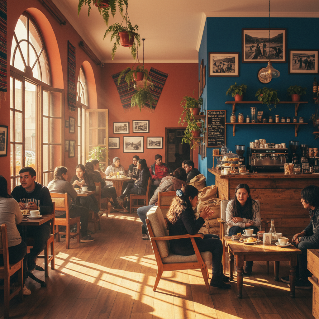 cafe interior with people chatting La Paz Bolivia horizontal