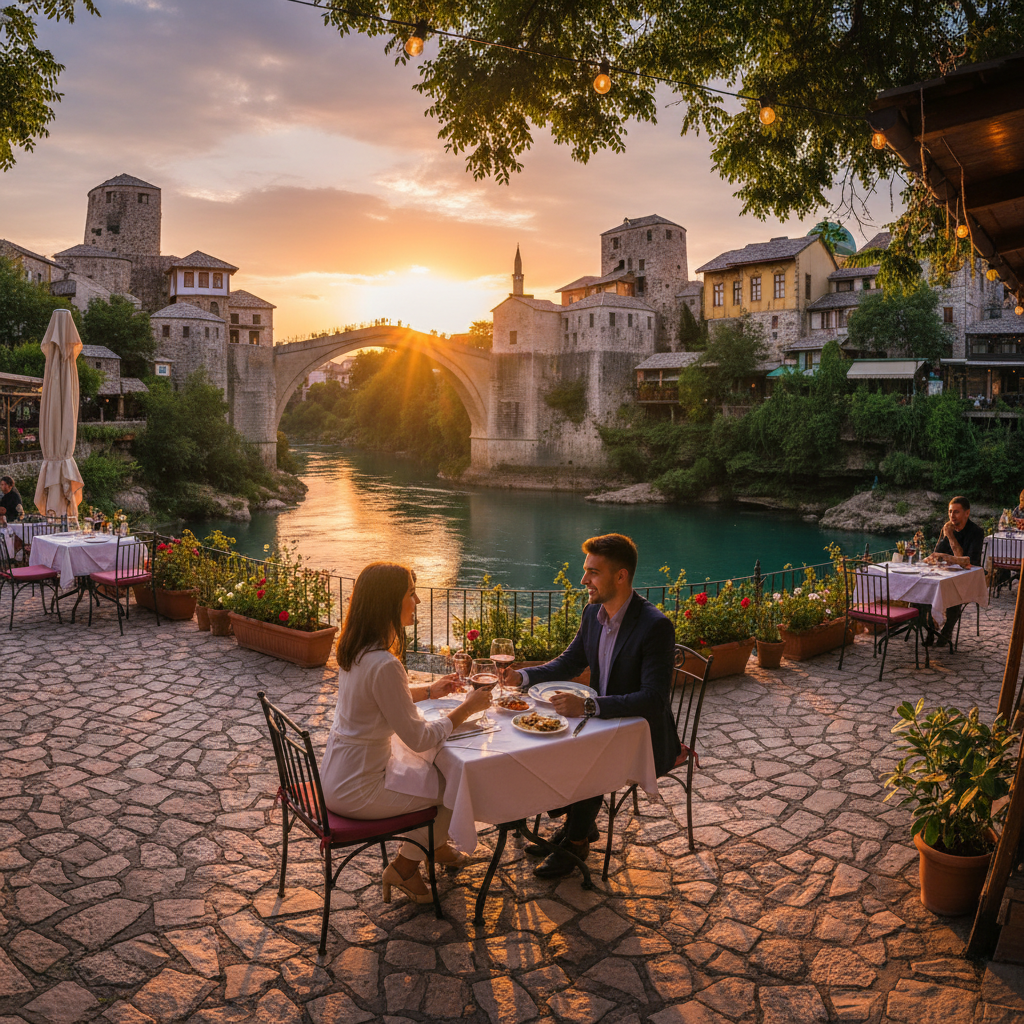 Couple watching sunset Mostar Bosnia Stari Most bridge romantic evening