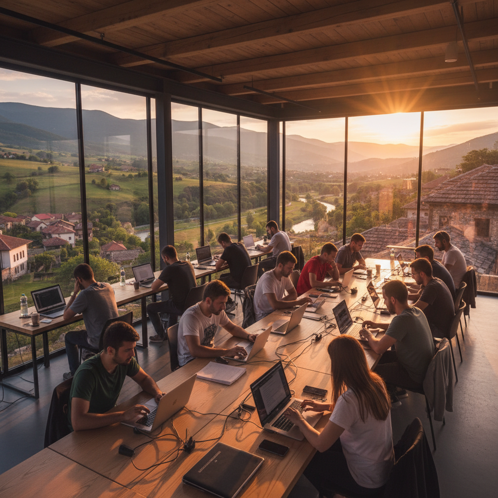 Young Bosnian professional smartphone Sarajevo modern cafe interior