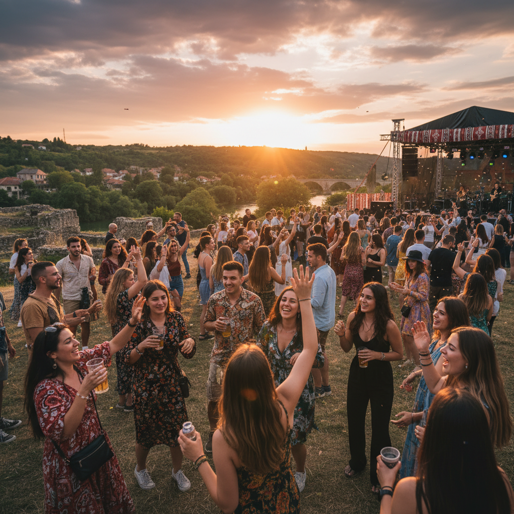 Diverse group of young adults socializing at a concert in Bosnia
