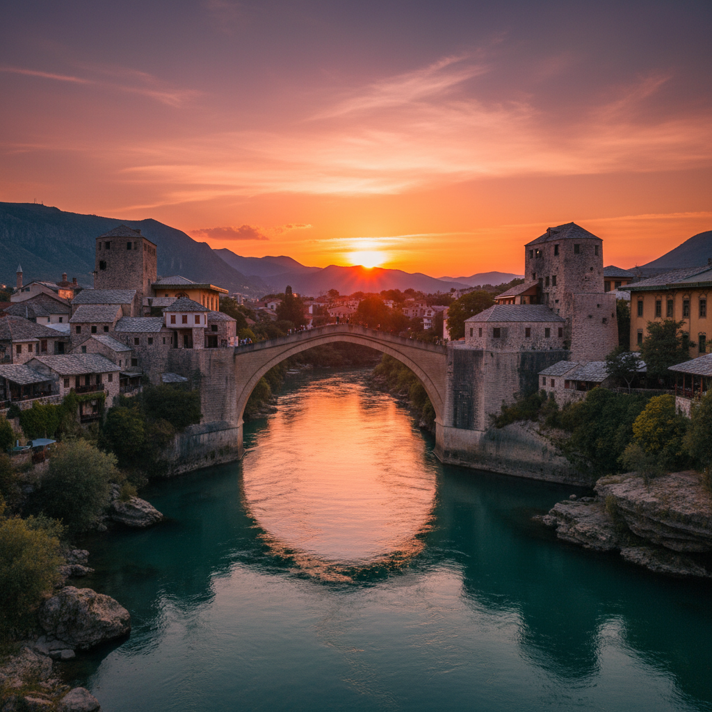 Mostar Bosnia Herzegovina old bridge Neretva river canyon dramatic sunset