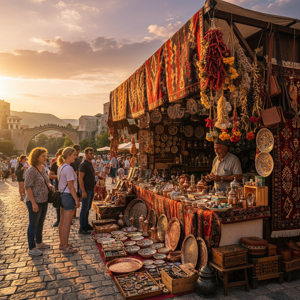 Colorful market stall displaying local crafts in Bosnia