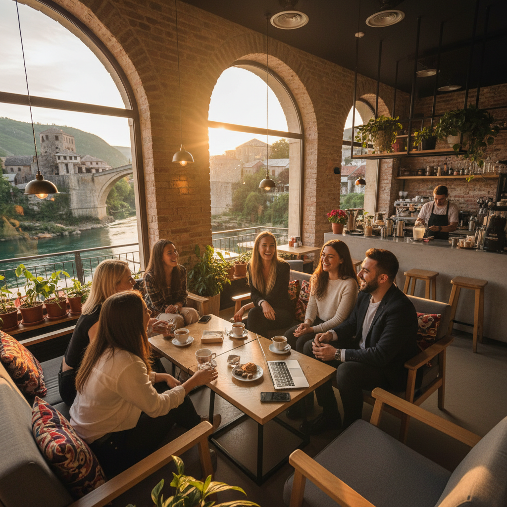 Young adults laughing and interacting in a modern cafe in Bosnia