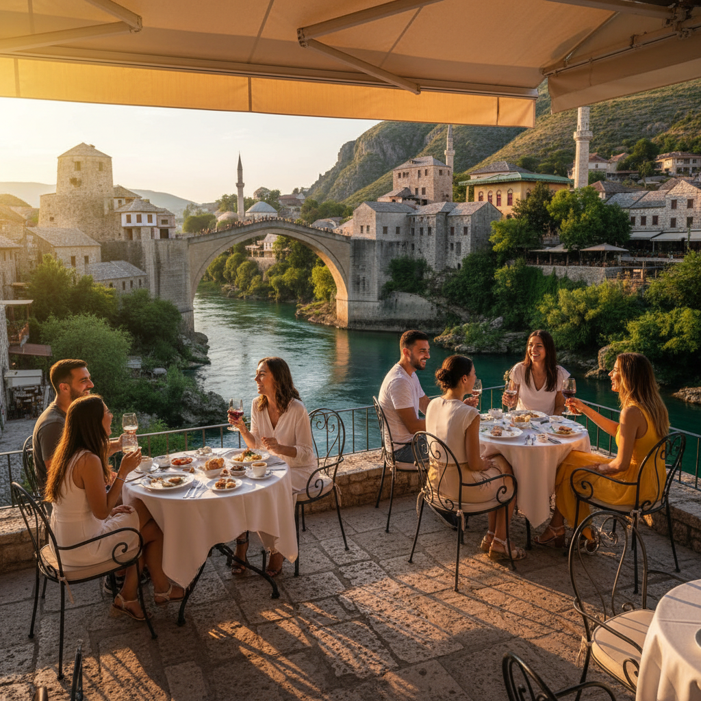 Friends gathering at an outdoor cafe terrace in Mostar
