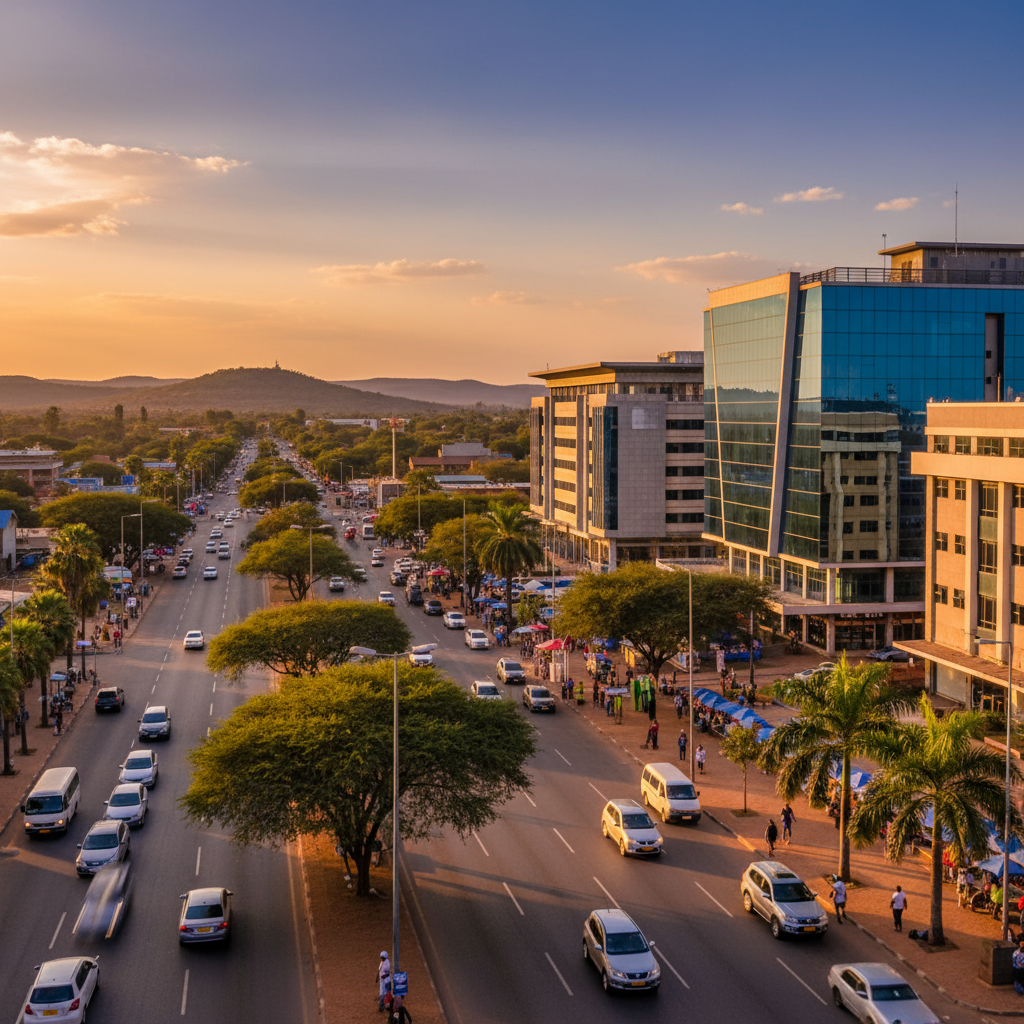 Gaborone Botswana modern city skyline buildings Africa sunset