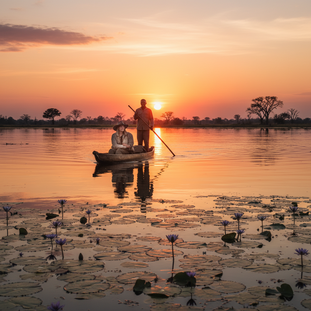 Couple mokoro canoe Okavango Delta Botswana romantic sunset safari water lily