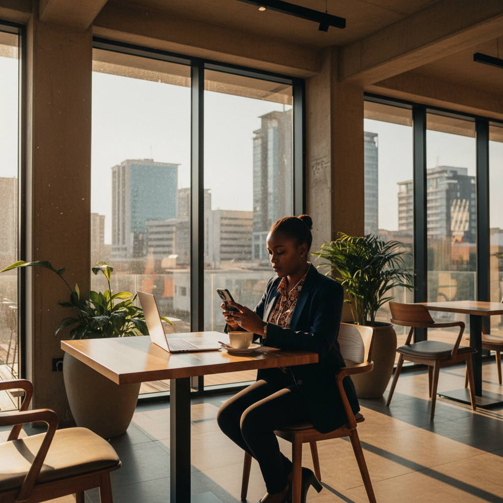 Young Botswanan professional smartphone Gaborone modern cafe interior