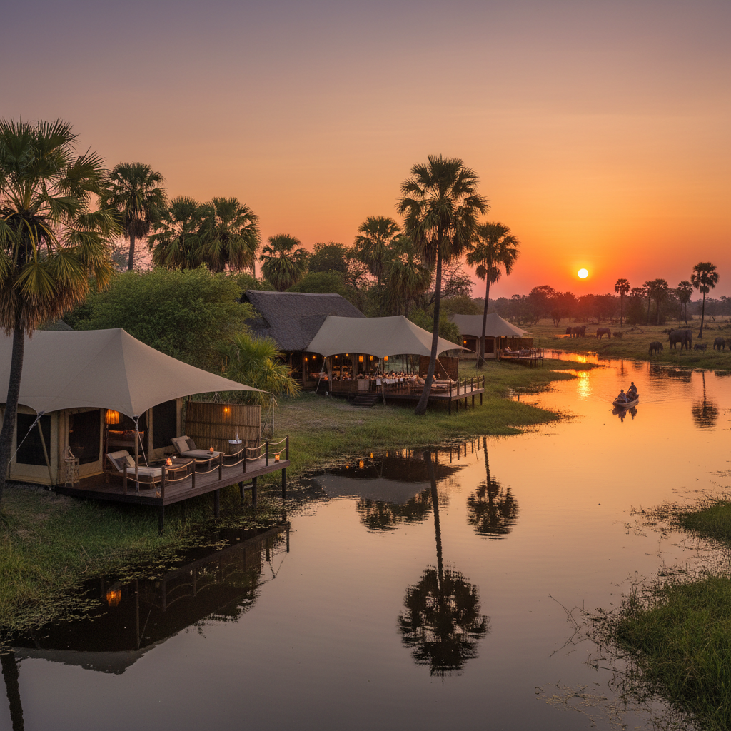 andBeyond Xaranna Okavango Delta Botswana luxury tented camp sunset