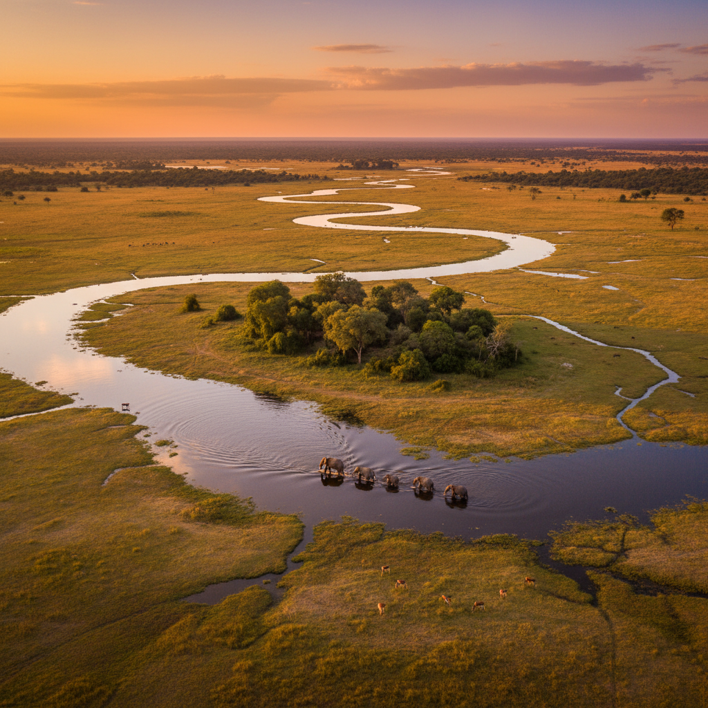 Okavango Delta Botswana aerial channels islands elephants African wilderness