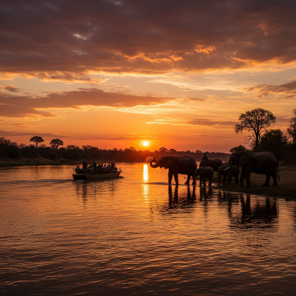Chobe River Botswana elephants sunset boat safari dramatic orange sky Africa