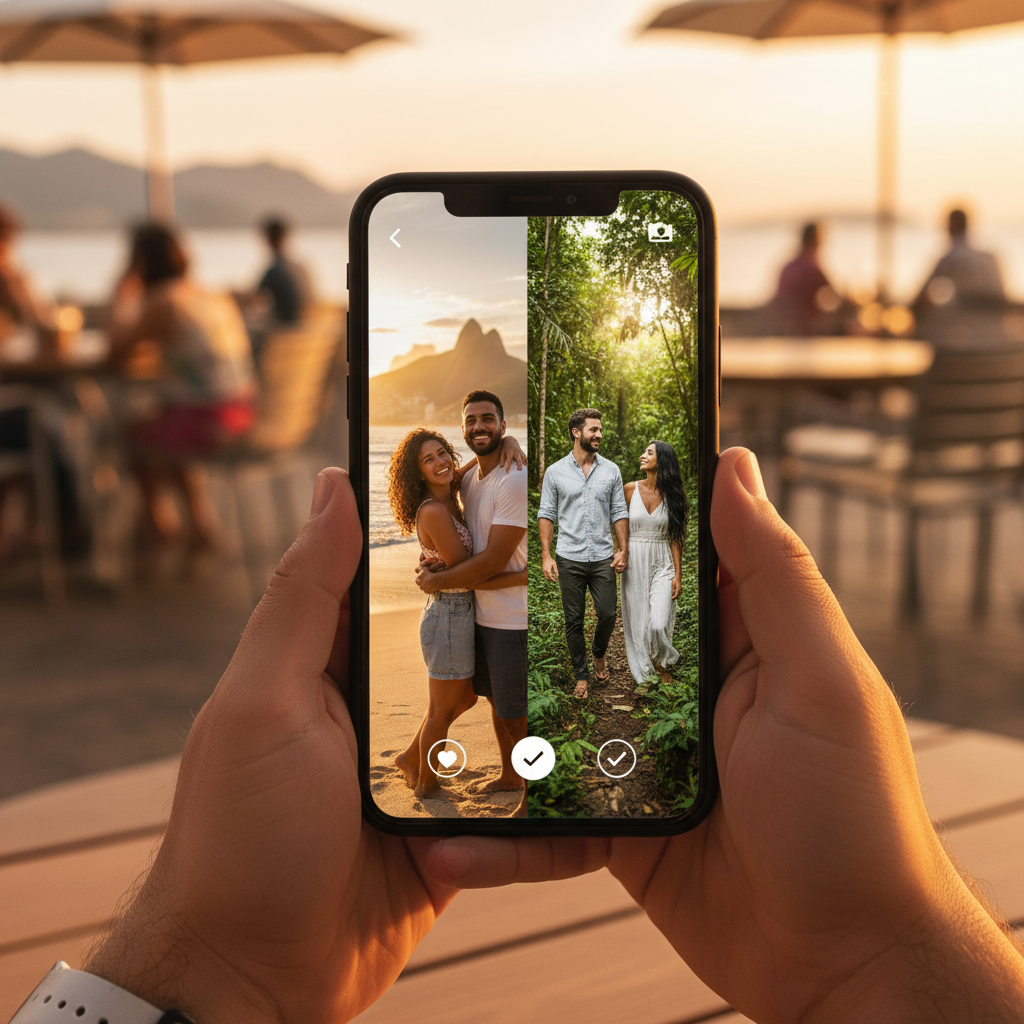 Couple on a dating app match screen in Brazil horizontal