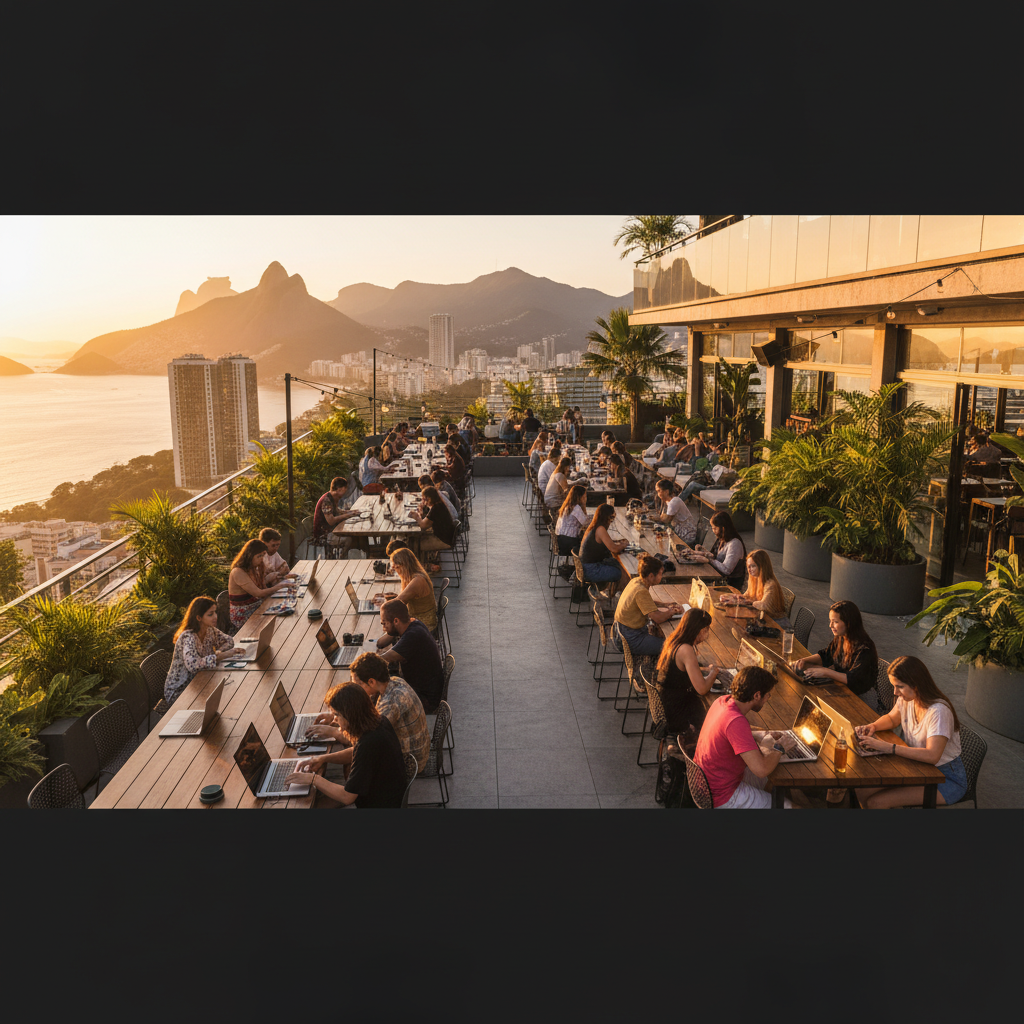 People working on laptops in a co-working space in Brazil horizontal