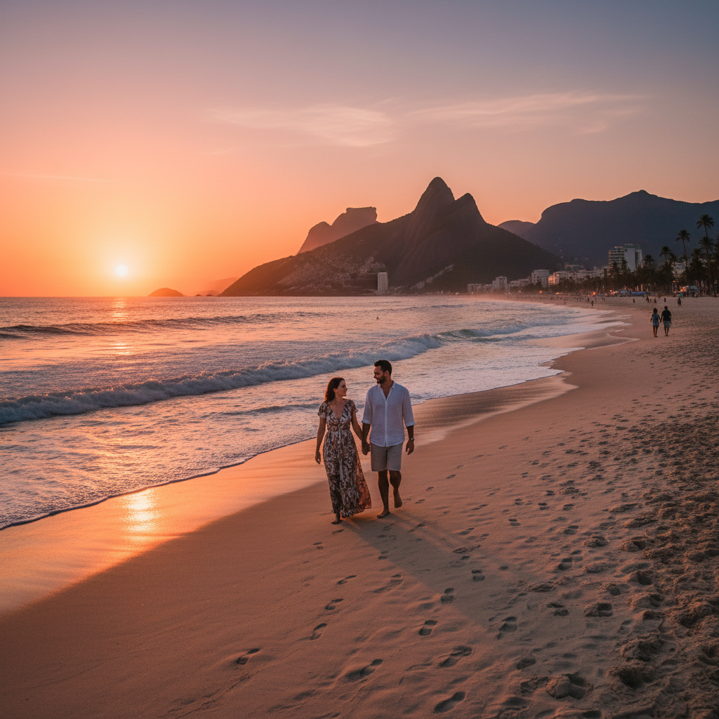 Romantic couple walking on Ipanema beach at sunset horizontal