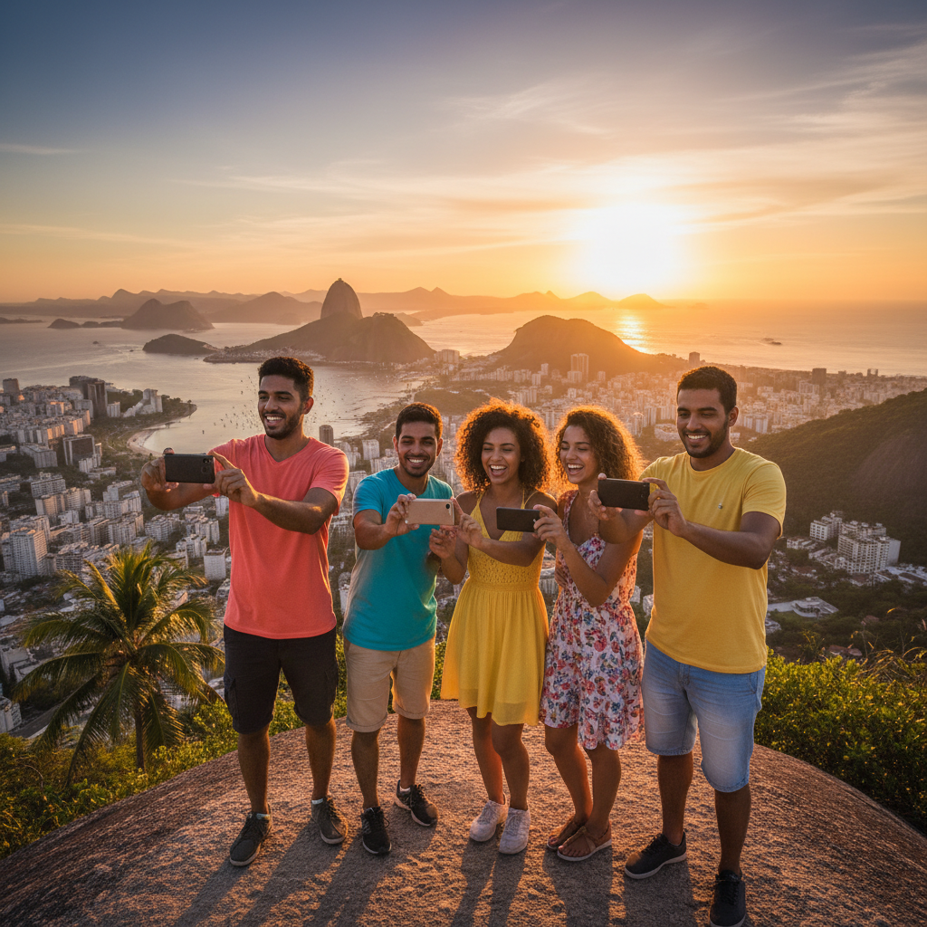 Young Brazilians using smartphones and sharing content horizontal