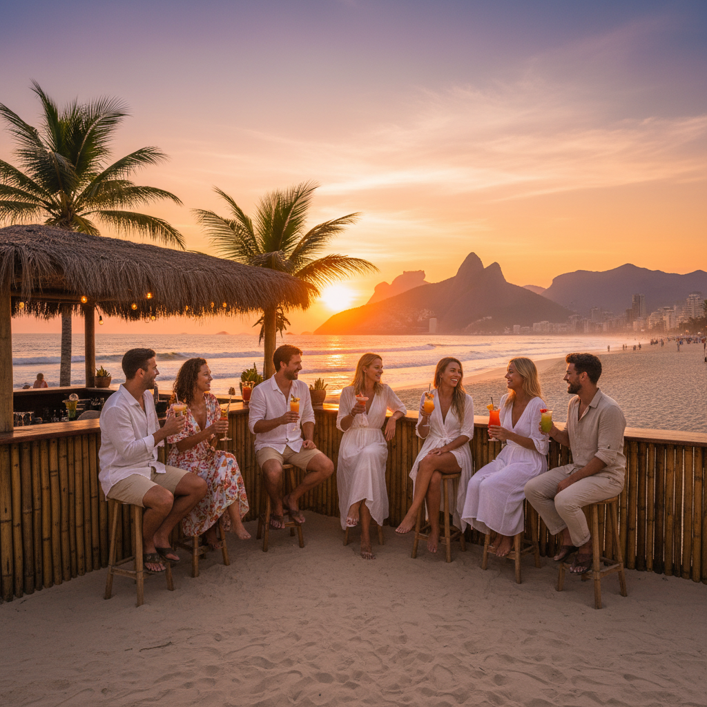 Friends gathering at a beach bar in Rio de Janeiro horizontal