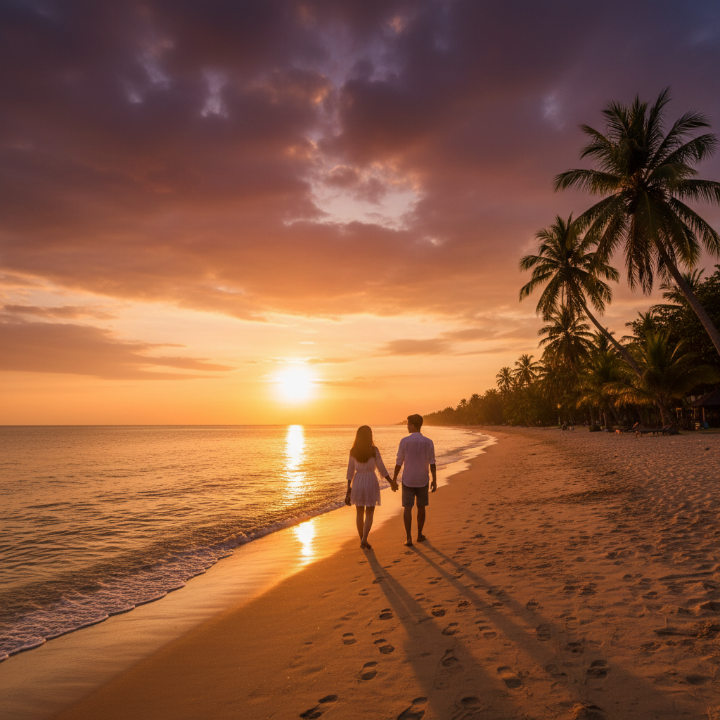 Brunei romantic couple walking on beach at sunset horizontal