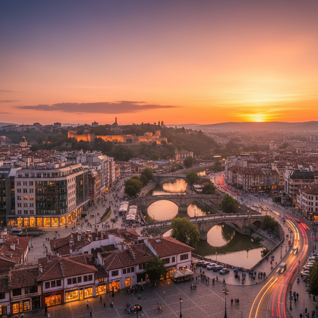 bustling city street scene in Sofia, Bulgaria, horizontal