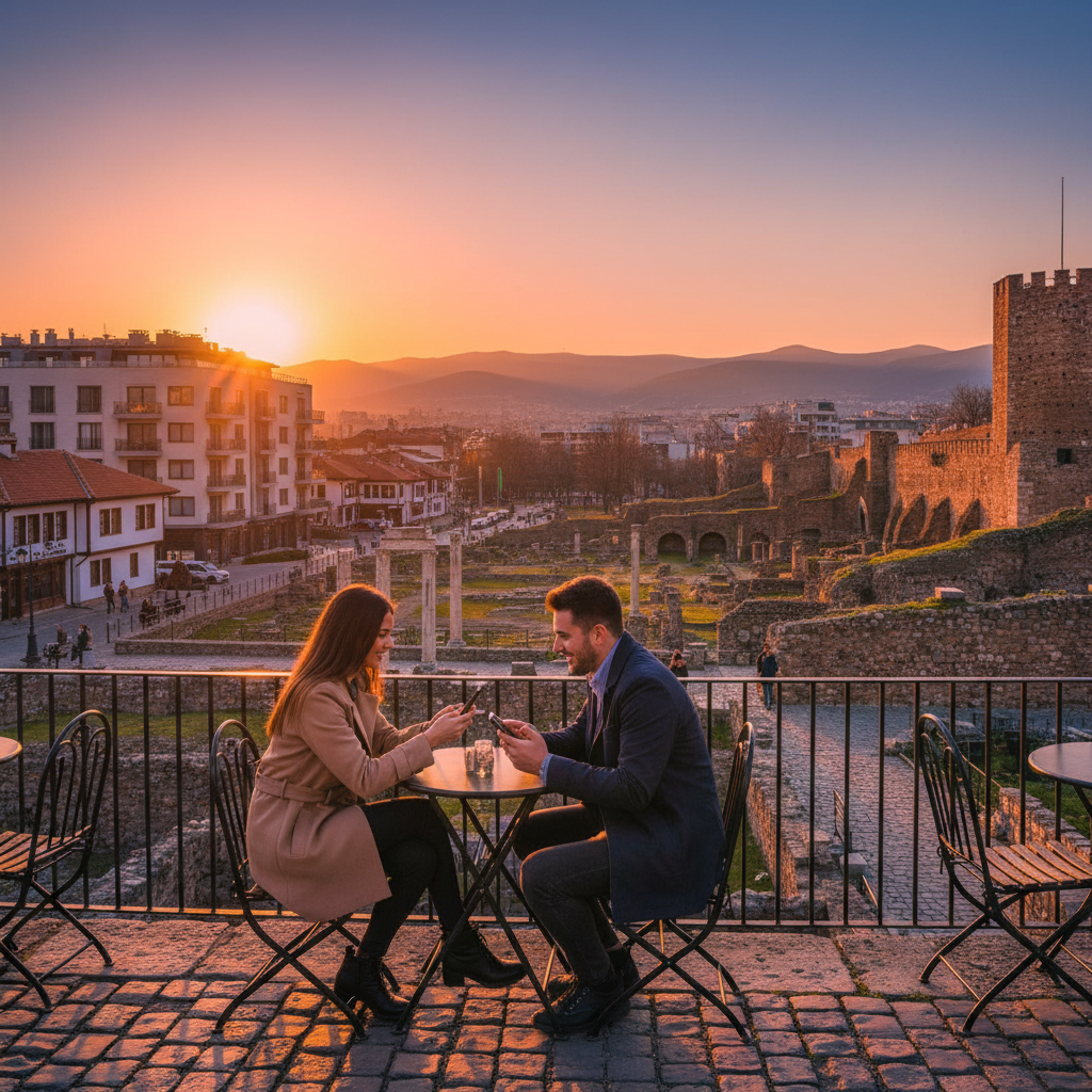 couple using a dating app on a phone in Bulgaria, horizontal