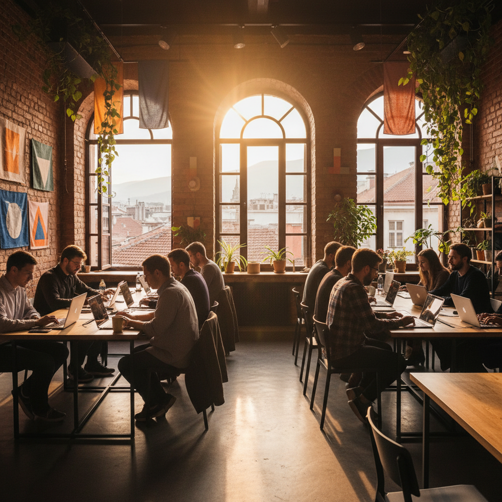 people working on laptops in a bright co-working space in Bulgaria, horizontal