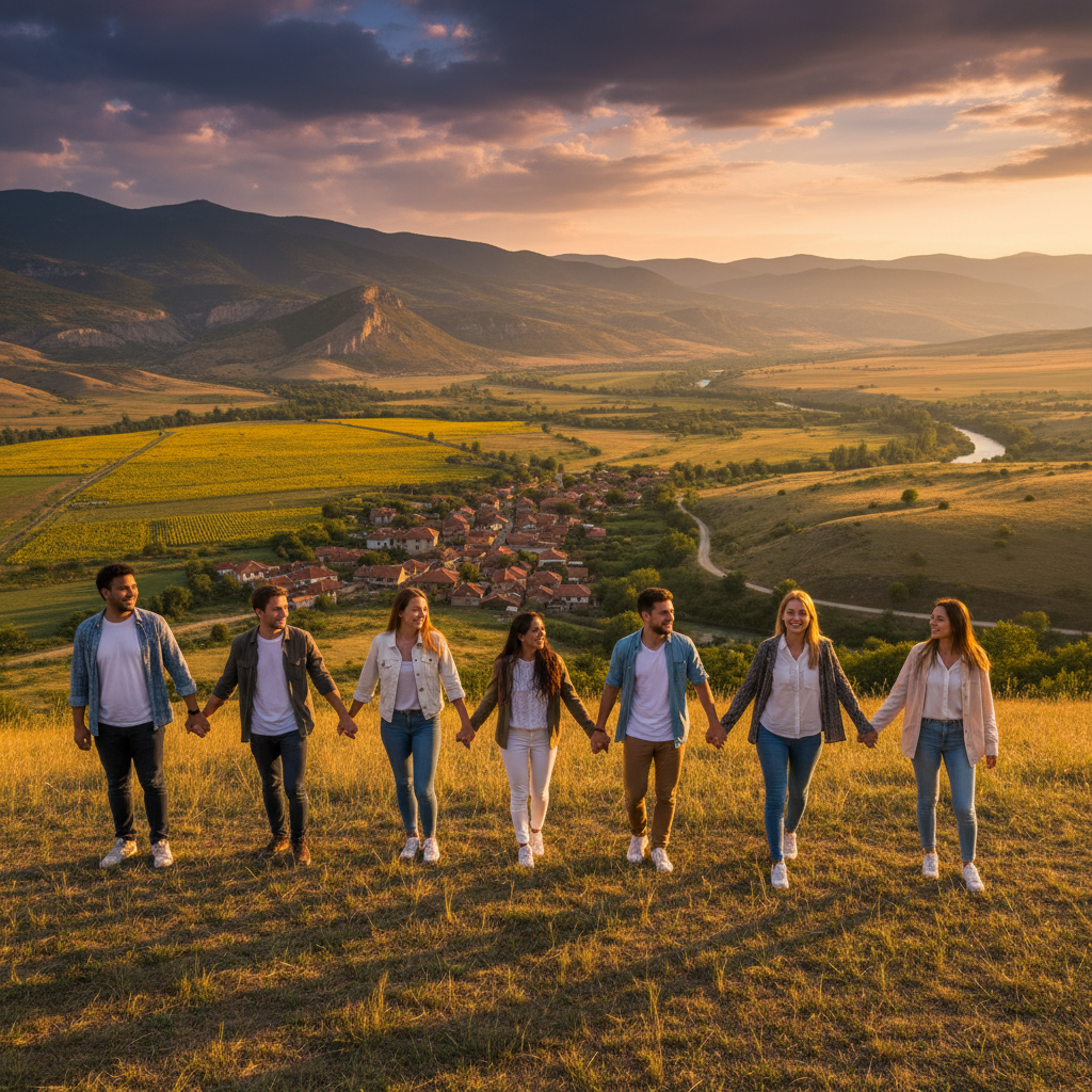 group of diverse young adults joining hands in Bulgaria, horizontal