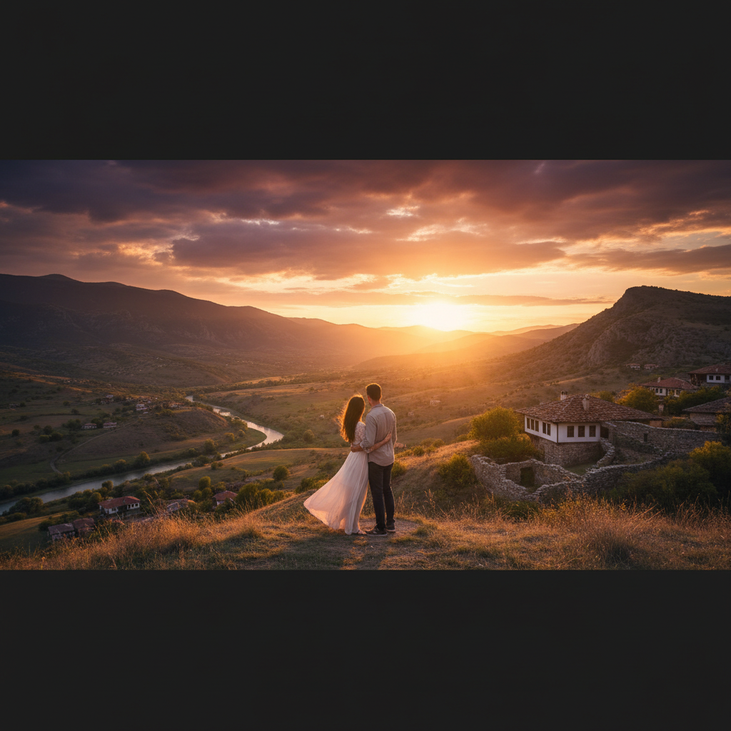 romantic couple walking by the Black Sea in Bulgaria, horizontal