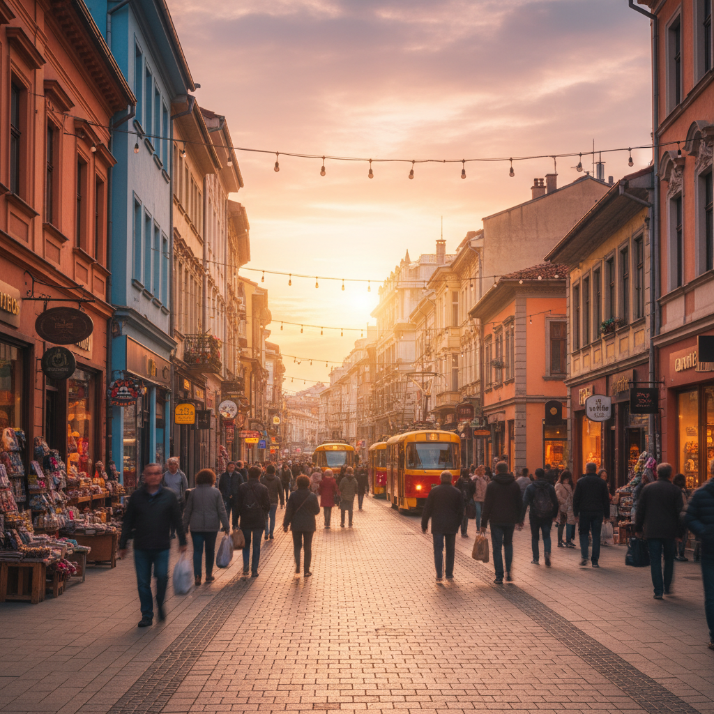 vibrant shopping street with local crafts in Bulgaria, horizontal