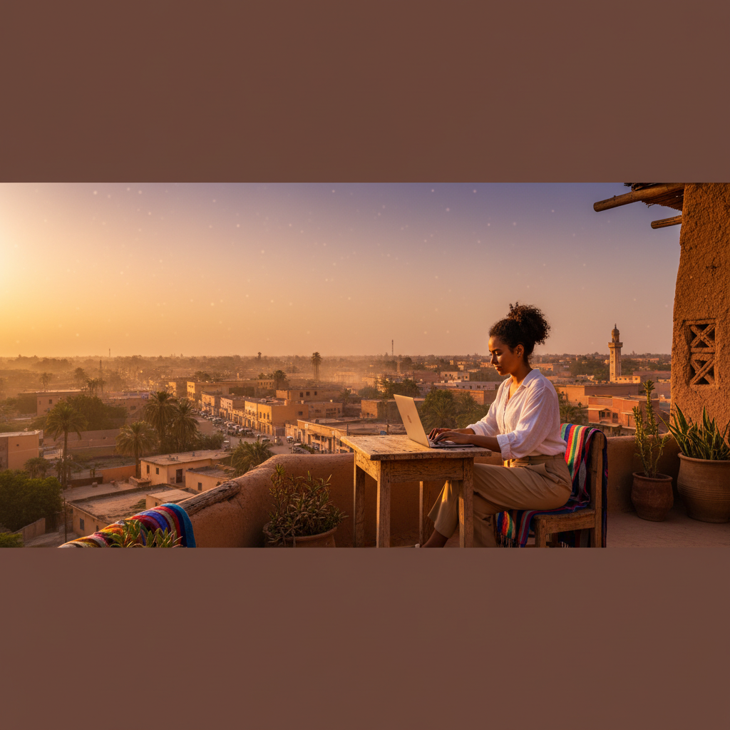 Young professional working on laptop in Ouagadougou horizontal