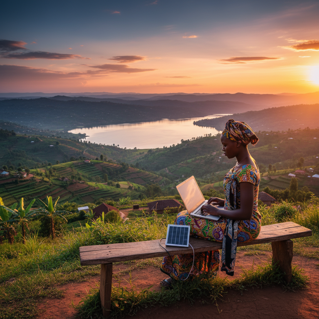 Burundi entrepreneur working with laptop horizontal