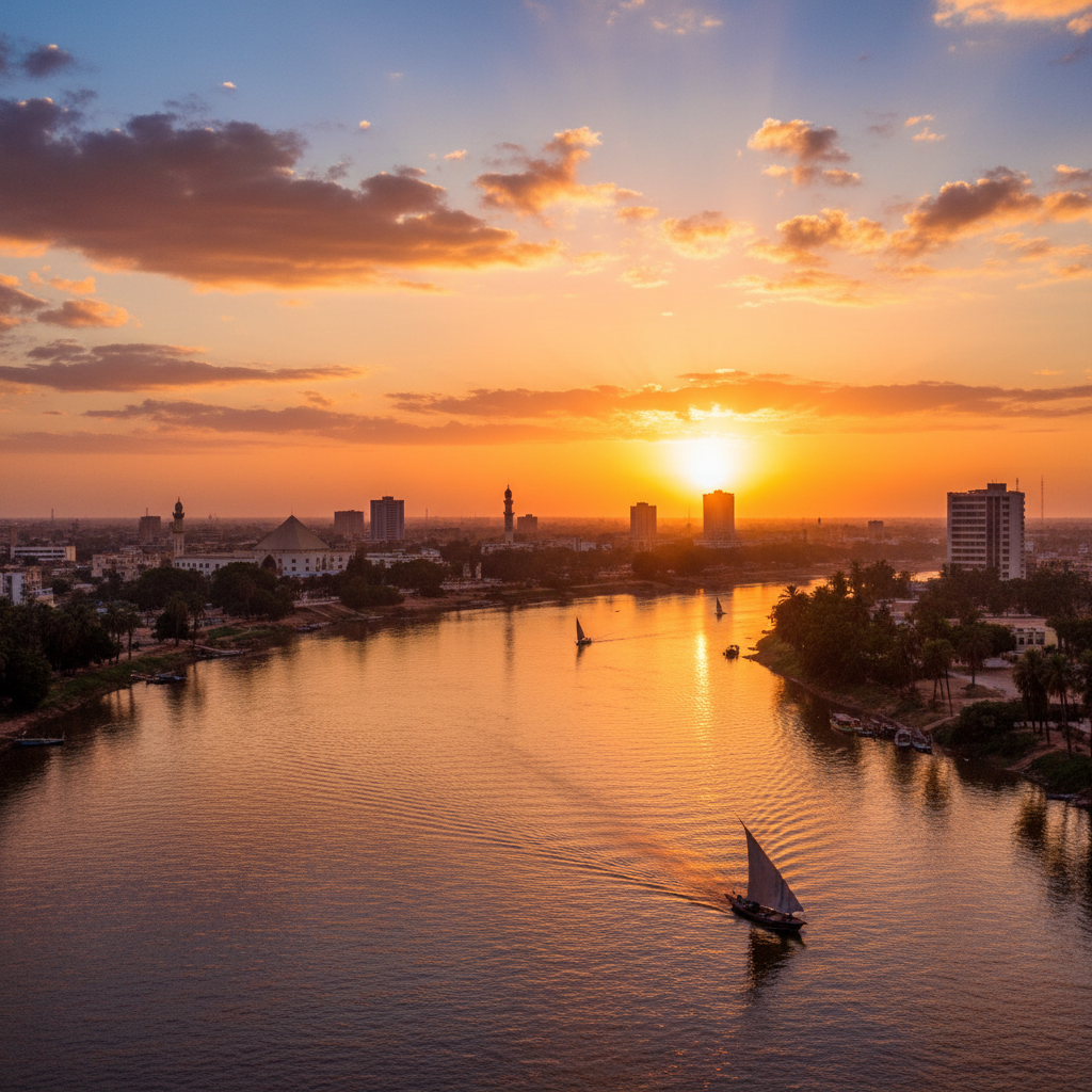 N'Djamena Chad skyline Chari river sunset golden hour