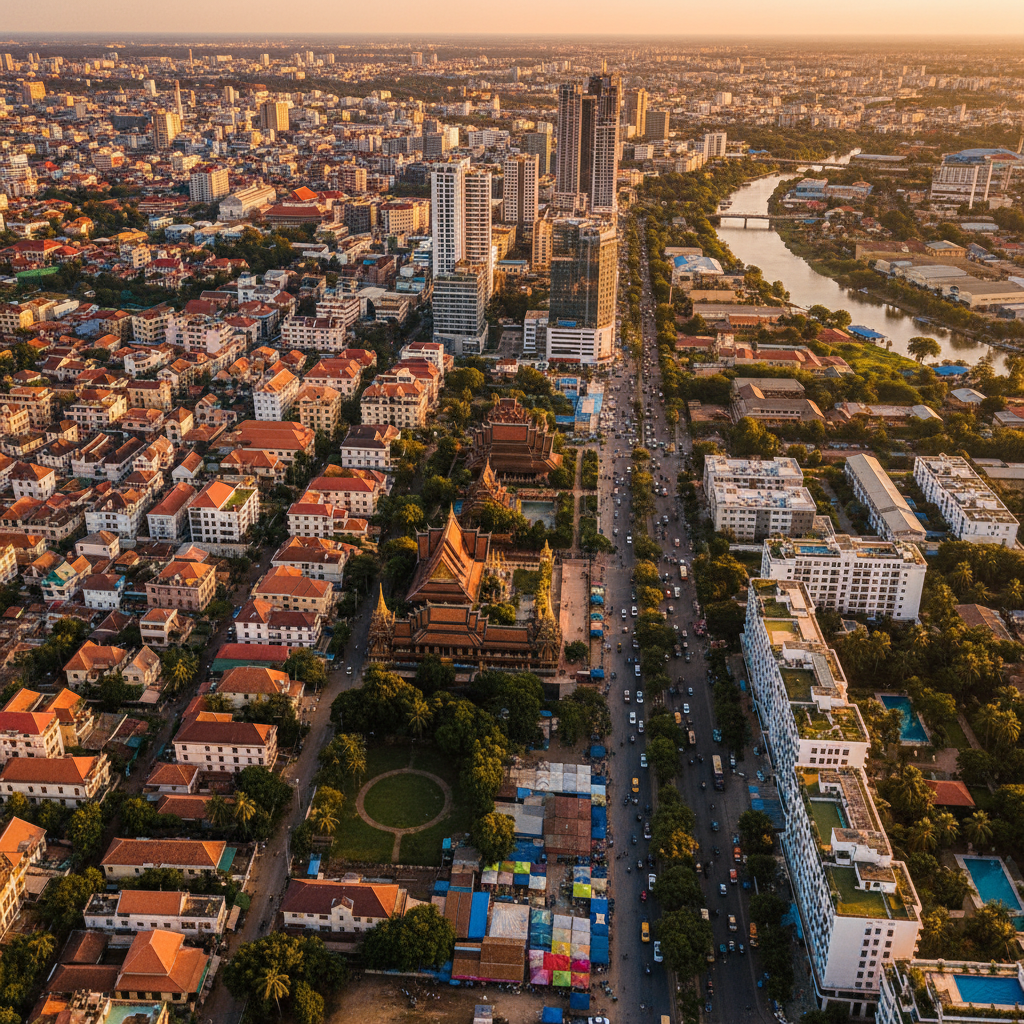 aerial view of diverse urban Cambodian cityscape, showing residential and commercial areas, horizontal, photorealistic