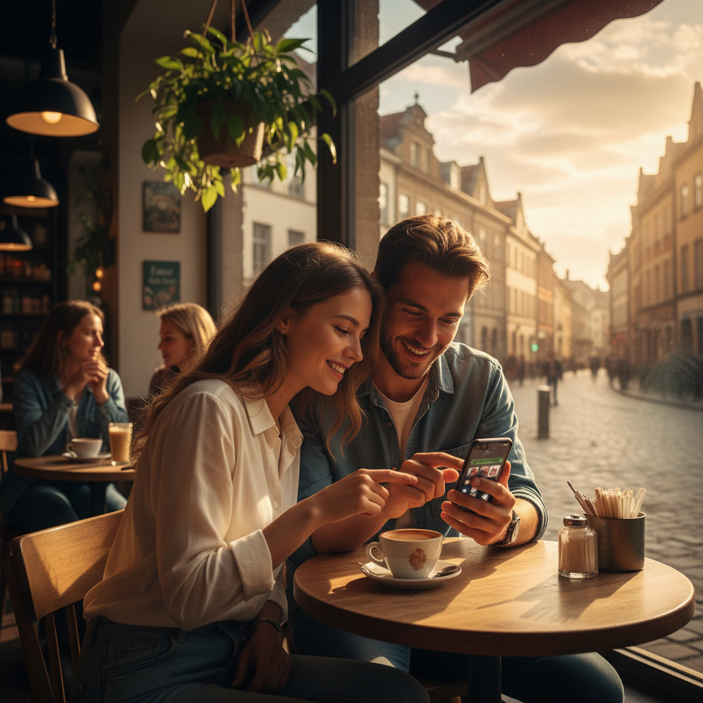 couple using a dating app on a phone in a cafe setting, subtle interaction, horizontal, photorealistic