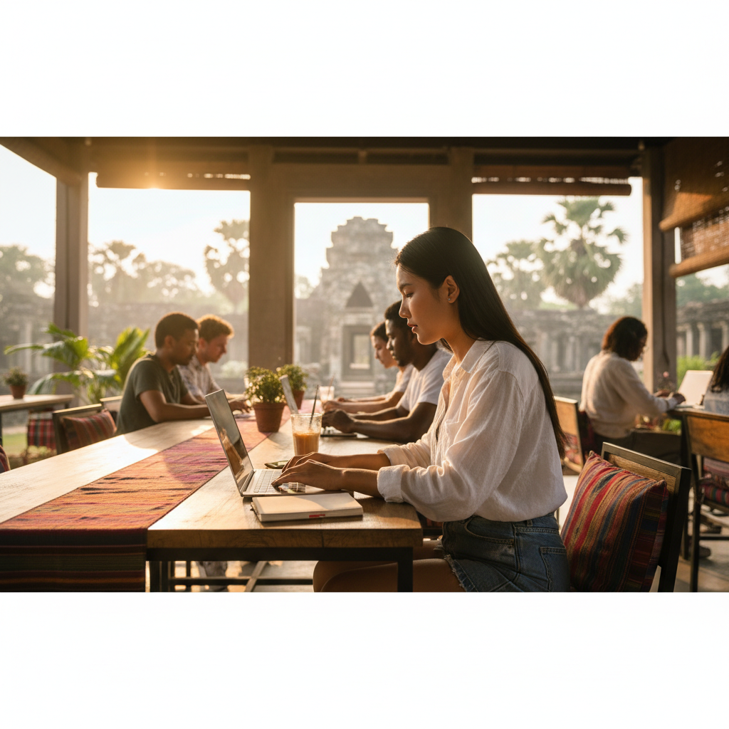 young entrepreneur working on a laptop at a co-working space in Cambodia, focused, horizontal, photorealistic