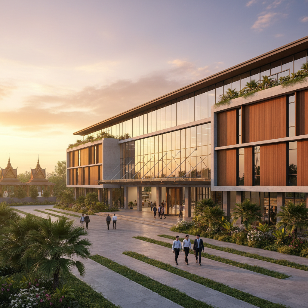 modern office building exterior in Siem Reap with people entering, clean architecture, business, horizontal, photorealistic