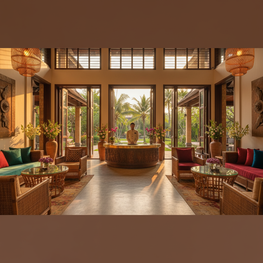 interior of a stylish boutique hotel lobby in Cambodia, modern design, welcoming atmosphere, horizontal, photorealistic