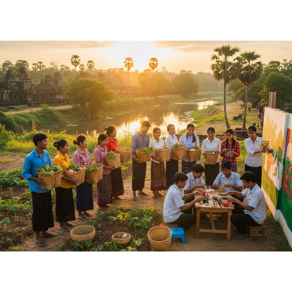 diverse group of young Cambodians participating in a community event or workshop, smiling, engaged, horizontal, photorealistic