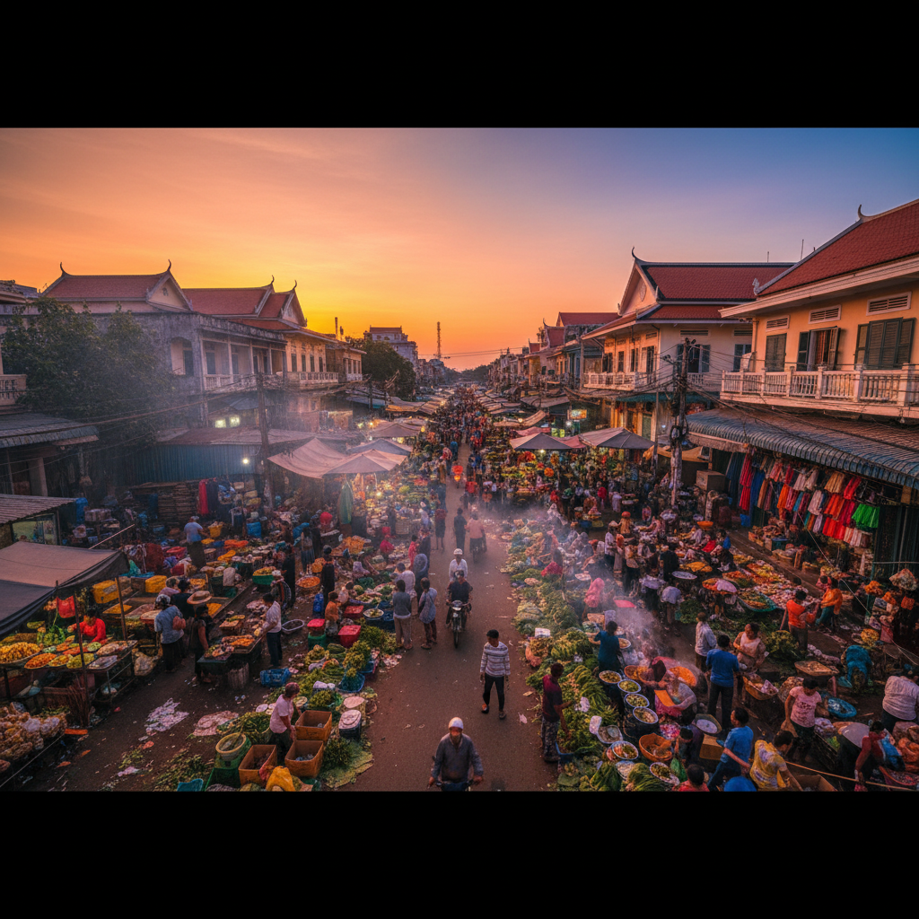 overview of bustling Phnom Penh street market at dusk, people interacting, vibrant atmosphere, horizontal, photorealistic