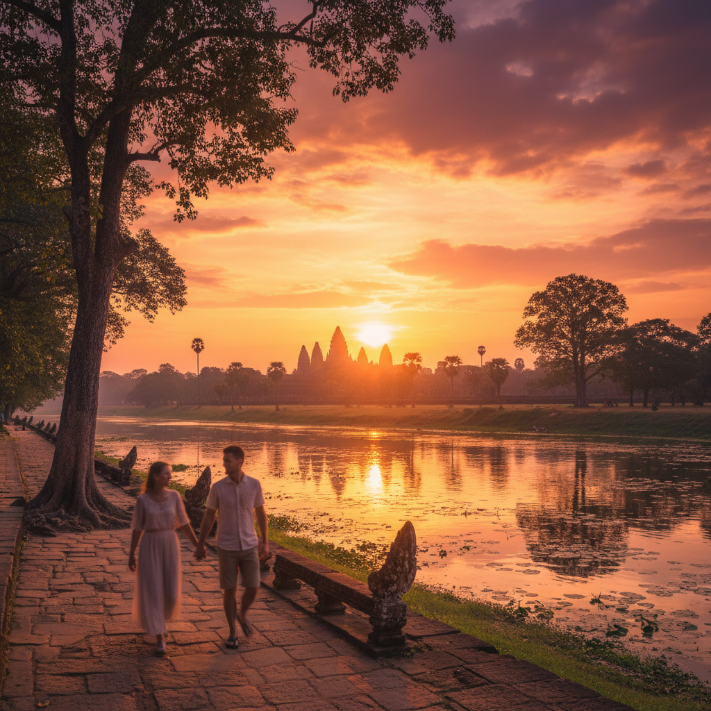 romantic couple walking hand-in-hand along a riverfront in Siem Reap at sunset, soft light, horizontal, photorealistic