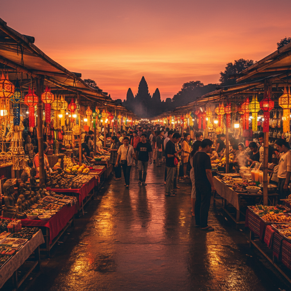 vibrant night market scene in Cambodia with stalls selling local crafts and food, crowds browsing, horizontal, photorealistic