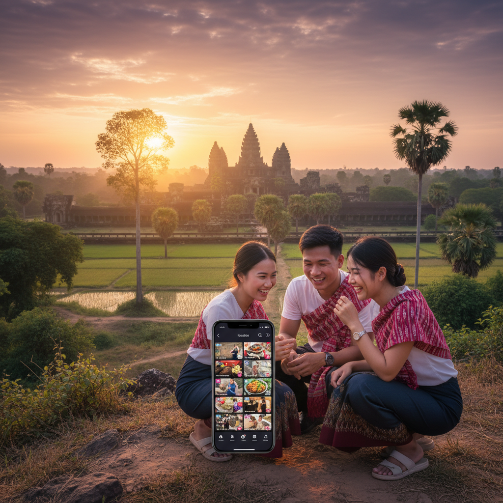 young Cambodian adults looking at a smartphone screen, displaying trending TikTok videos, dynamic, horizontal, photorealistic