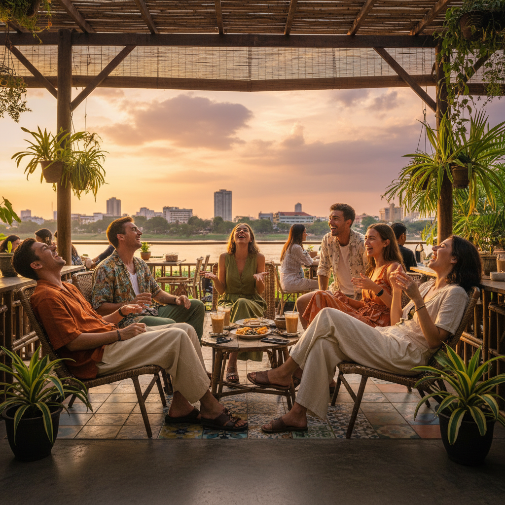 group of friends laughing and talking at a trendy cafe in Phnom Penh, natural light, horizontal, photorealistic