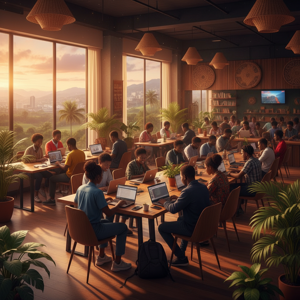 entrepreneur working on laptop in Cameroon horizontal