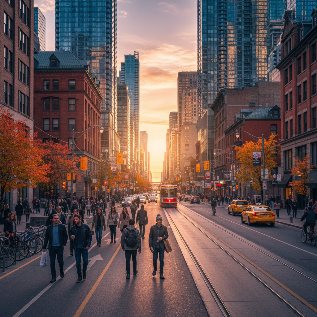 Diverse Canadian cities, bustling streets, horizontal