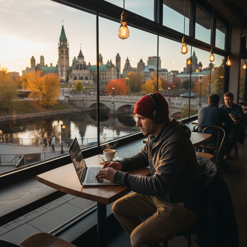 People working on laptops in a cafe in Canada, horizontal