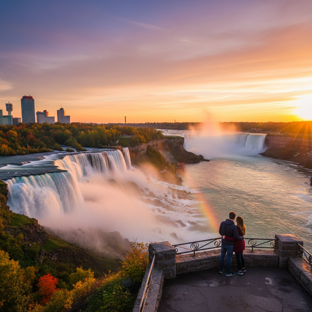 Romantic couple walking in a Canadian park, horizontal